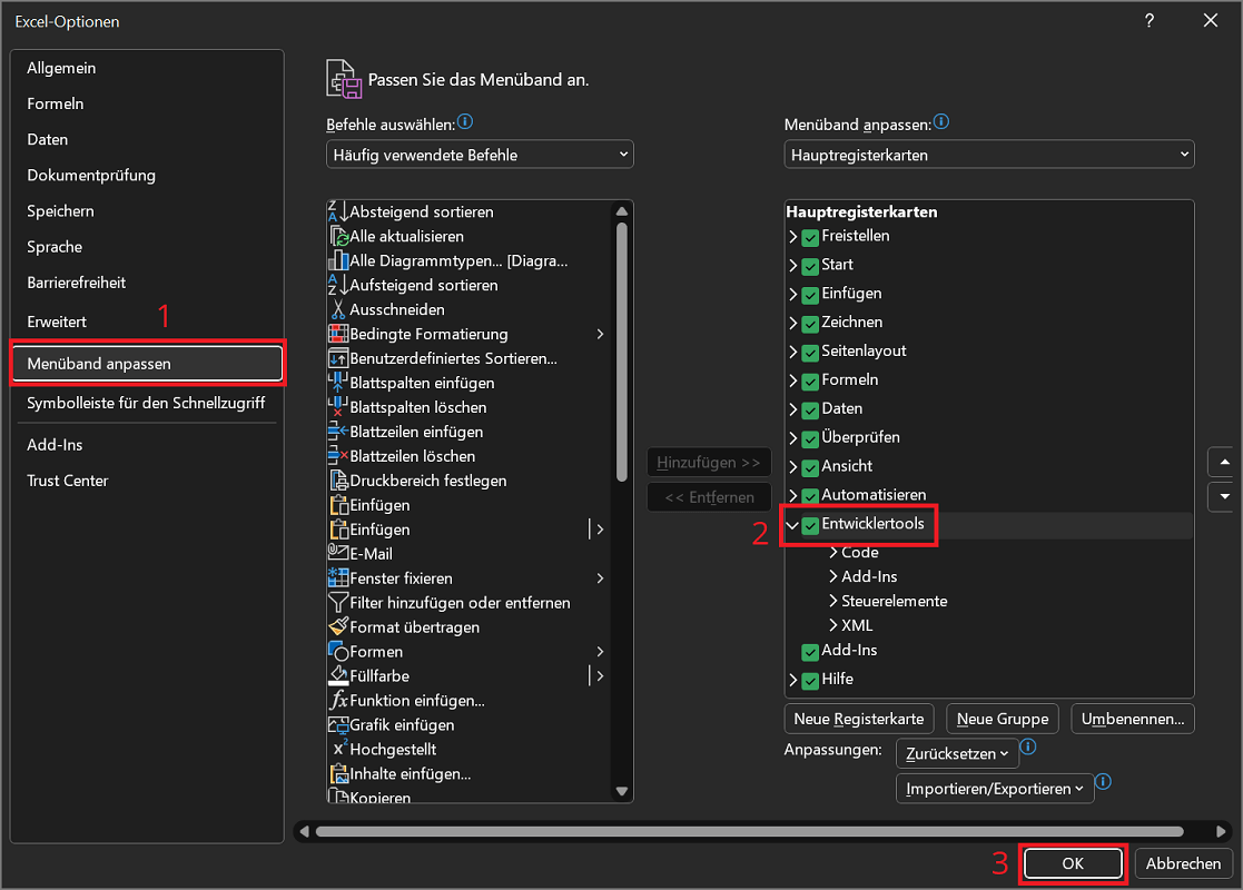 Wyświetl Narzędzia programistyczne w opcjach programu Excel