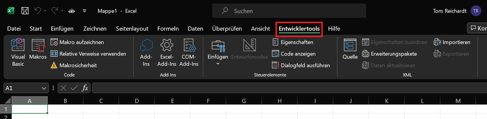 Okienko Narzędzia programistyczne w programie Excel