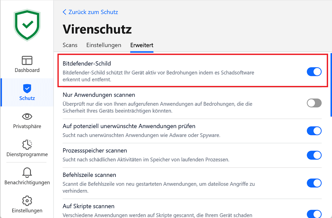 Wyłącz Bitdefender w Ustawieniach