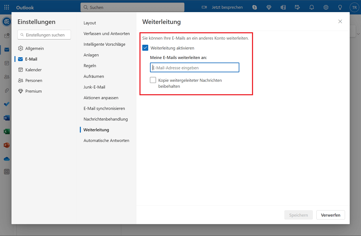 Skonfiguruj przekazywanie wiadomości e-mail w internetowej wersji programu Outlook