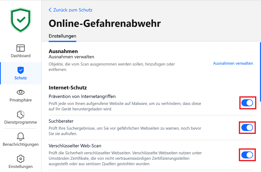 Ustawienia zabezpieczeń online