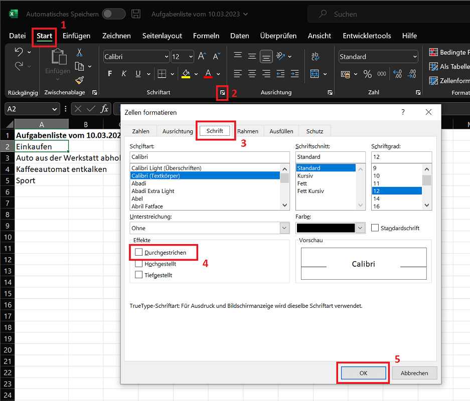 Excel: Funkcja przekreślenia w opcjach