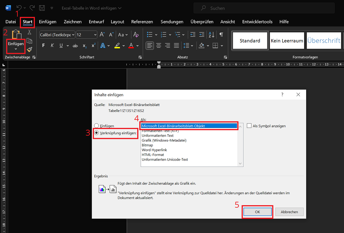 Połącz tabelę Excel w programie Word