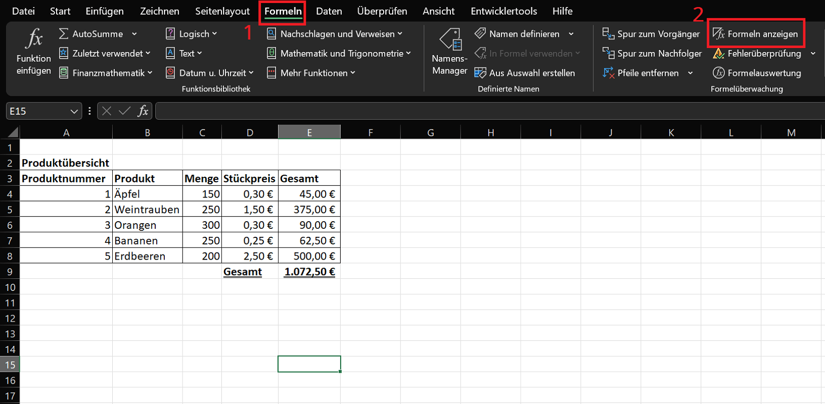 Wyświetl formuły w programie Excel