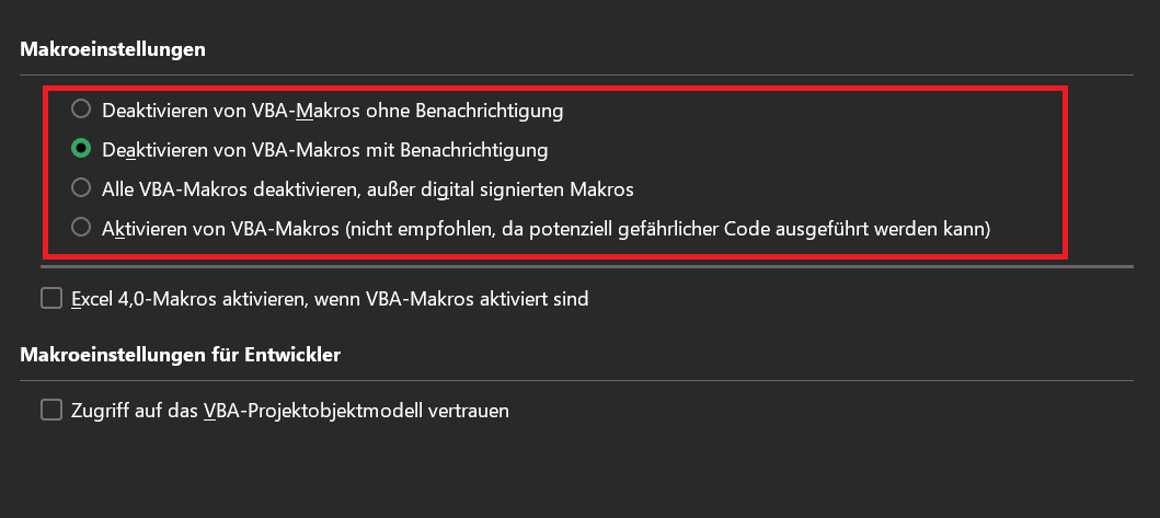 Indywidualne ustawienia zabezpieczeń makr w programie Excel
