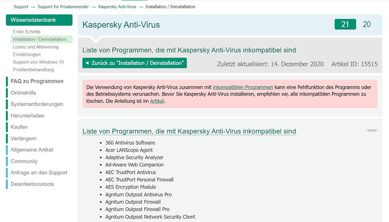 Lista wszystkich programów niekompatybilnych z Kaspersky Tools