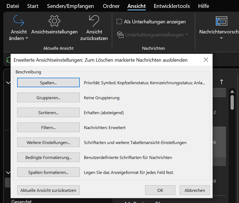 Ustawienia widoku programu Outlook
