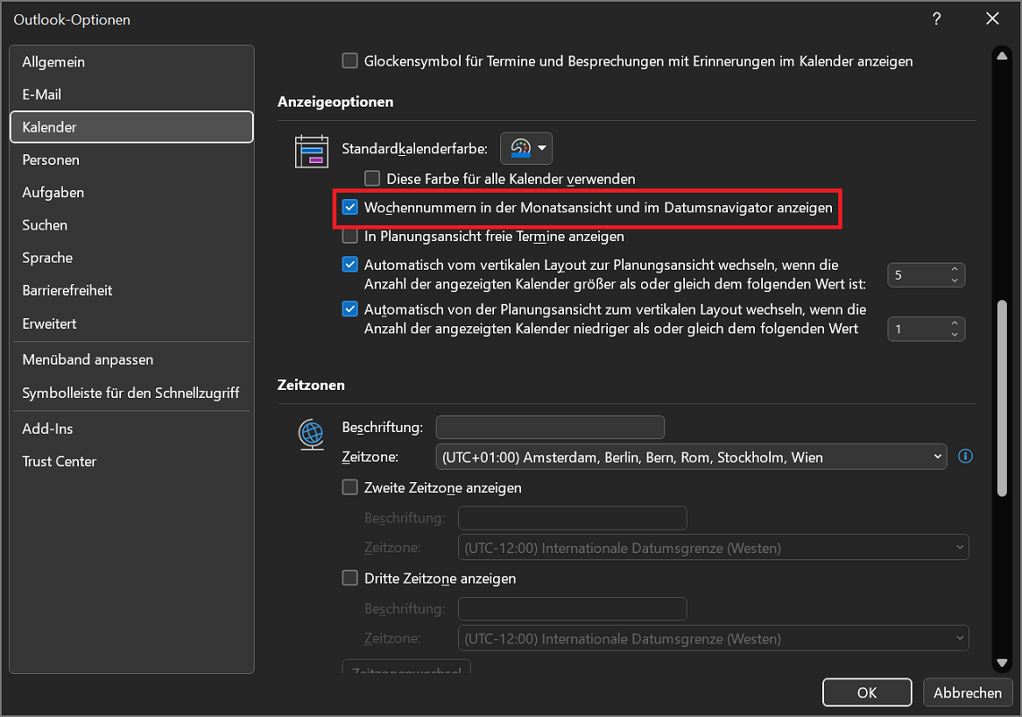 W Outlook aktywuj i wyświetl tydzień kalendarzowy za pomocą opcji