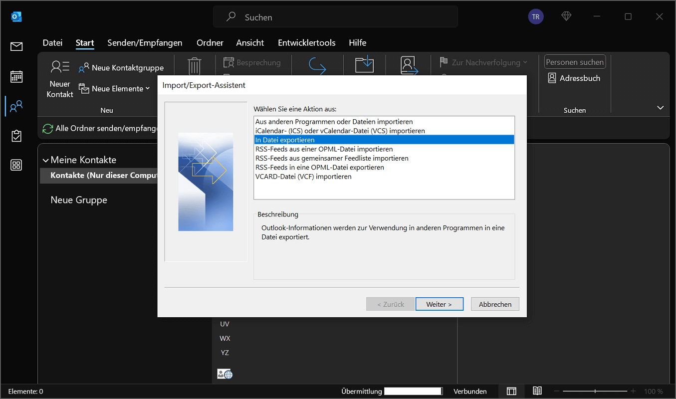Eksportuj kontakty programu Outlook za pomocą Kreatora importu i eksportu