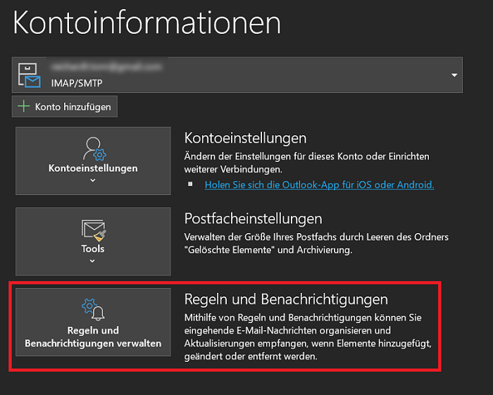 Informacje o koncie Outlook umożliwiające konfigurowanie reguł, powiadomień i automatycznych odpowiedzi