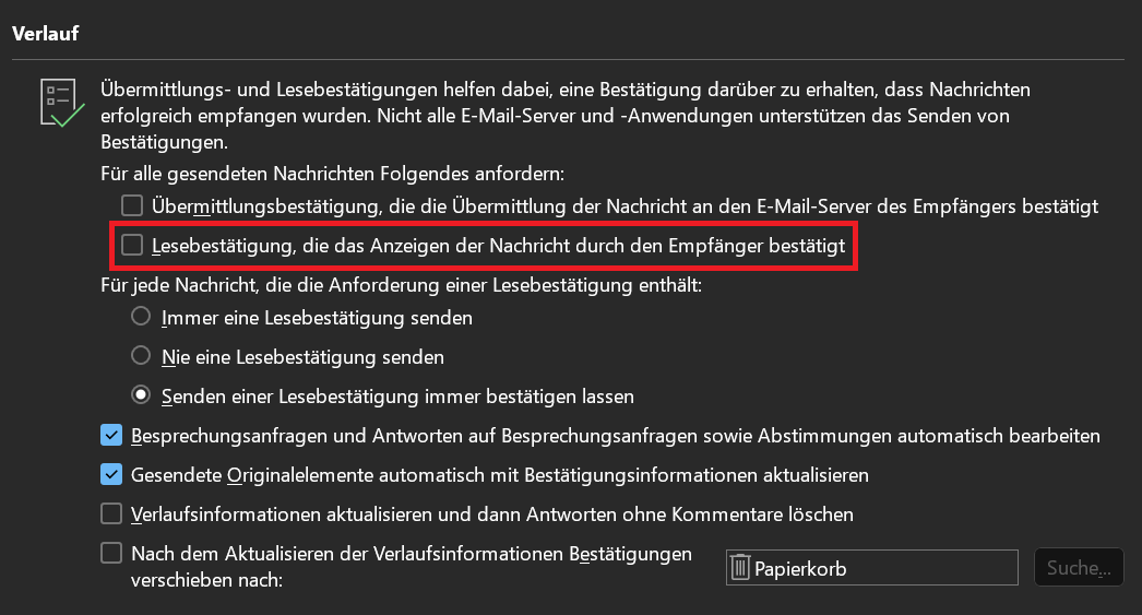 Wyłącz potwierdzenia odczytu programu Outlook