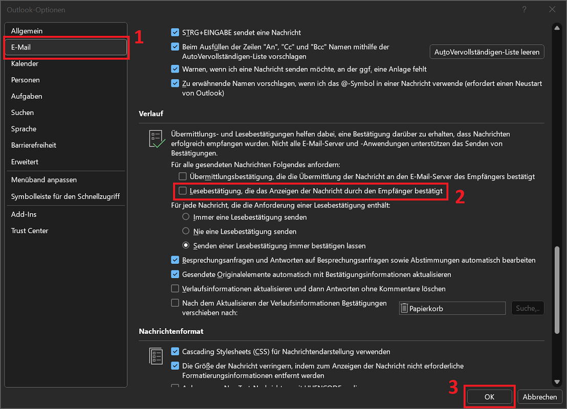Włącz potwierdzenia odczytu programu Outlook w opcjach