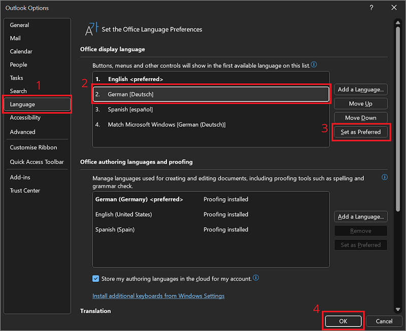 Zmień Outlook z angielskiego na niemiecki