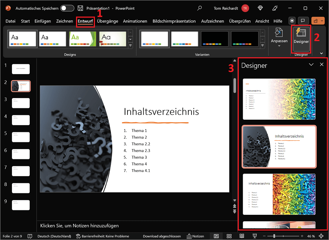Użyj projektanta, aby wybrać szablon spisu treści programu PowerPoint