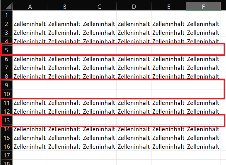Tabela przed usunięciem pustych wierszy