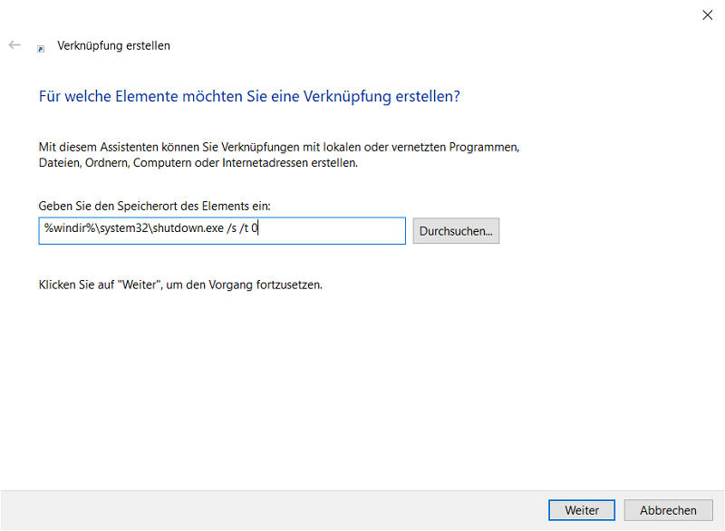 Utwórz skrót i szybko zamknij system Windows