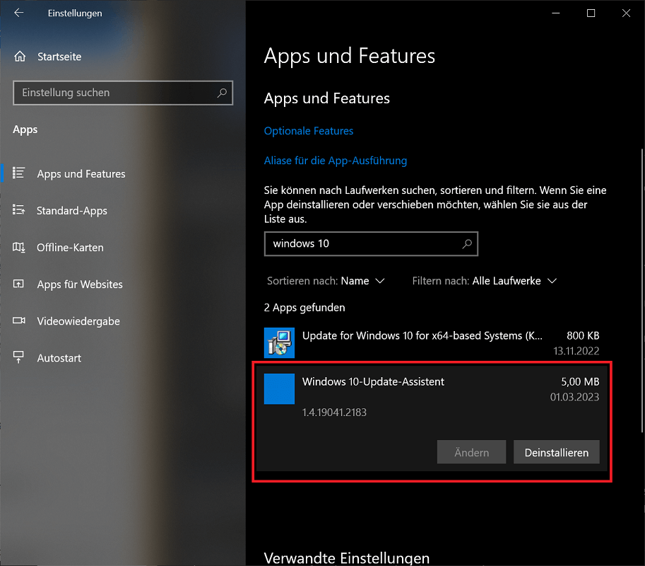 Odinstaluj Asystenta aktualizacji systemu Windows 10
