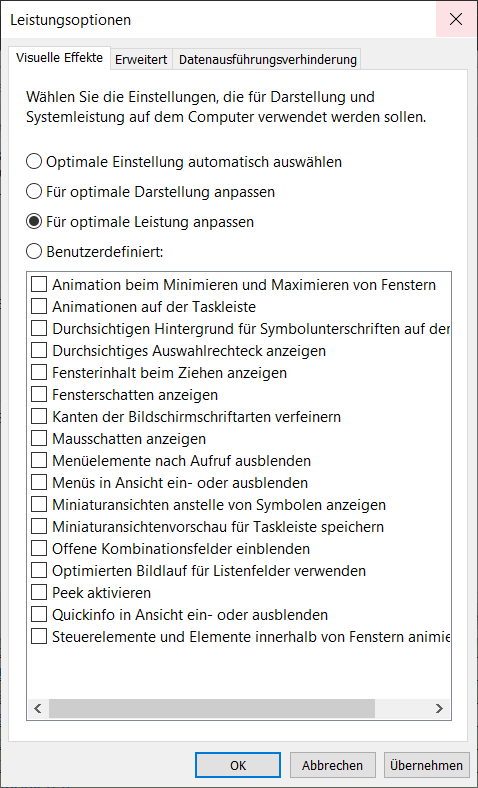 Wyłącz efekty wizualne w systemie Windows 10 w Opcjach wydajności