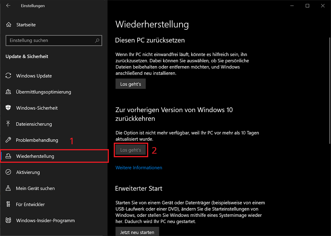Zresetuj system Windows do poprzedniej wersji
