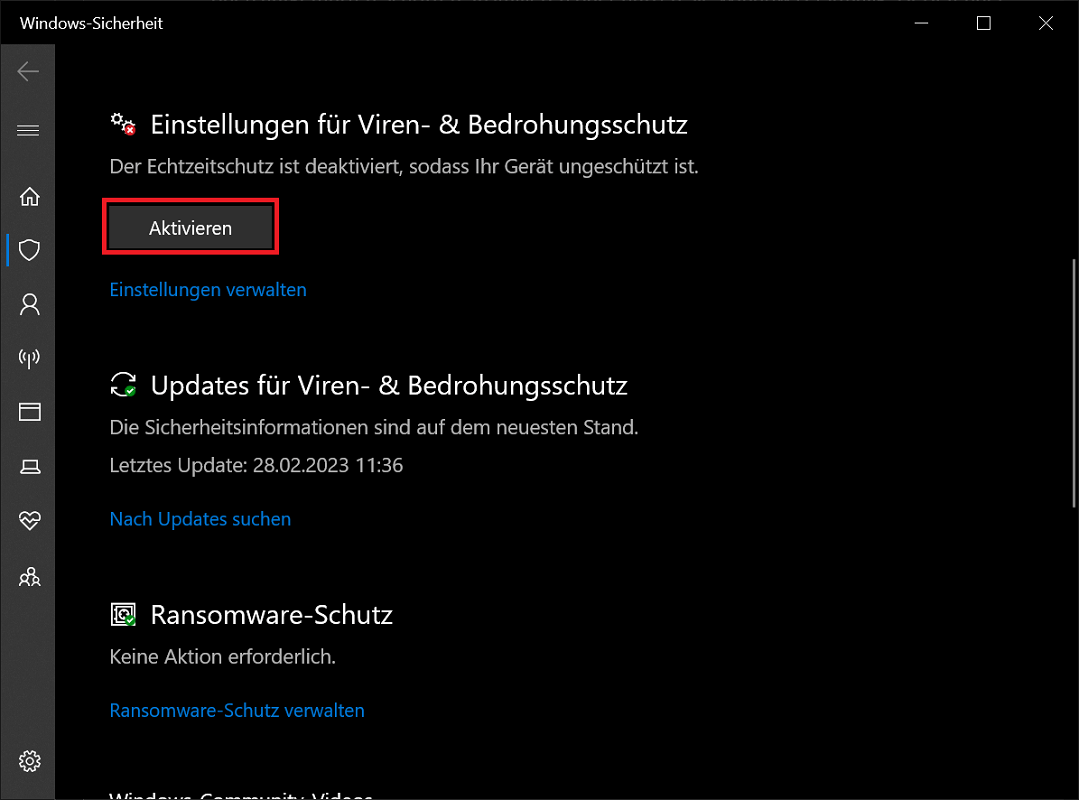 Aktywuj program Windows Defender