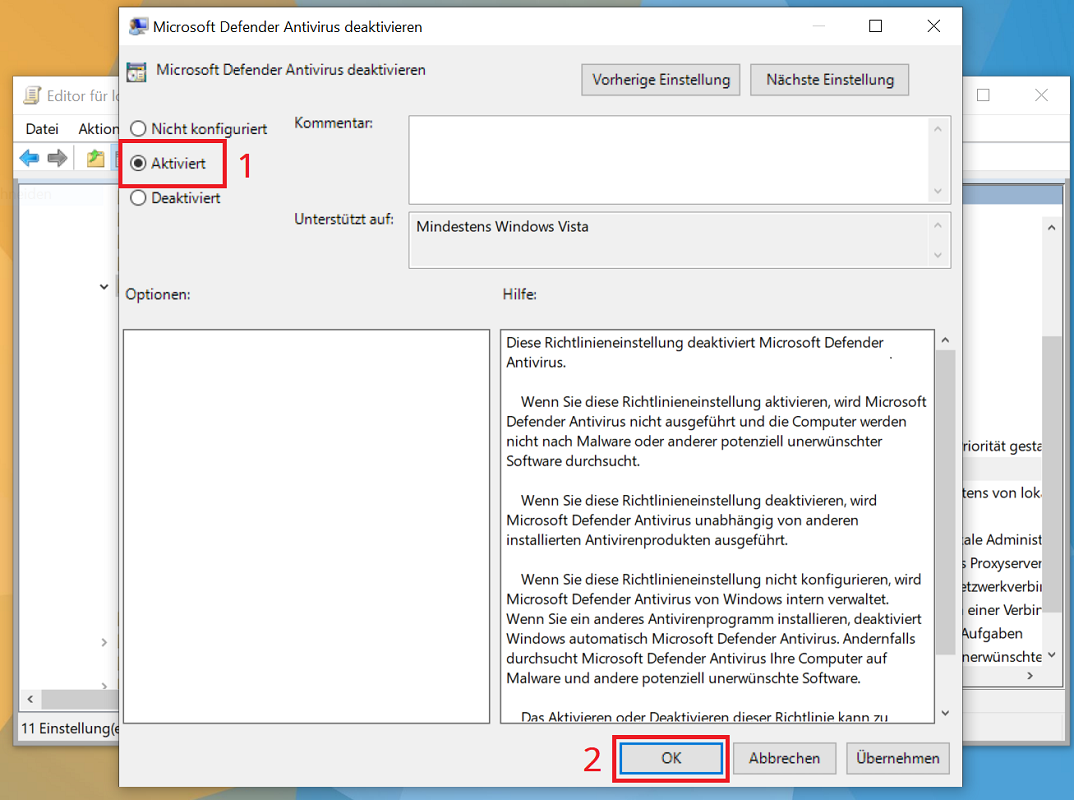 Wyłącz program Windows Defender w zasadach grupy