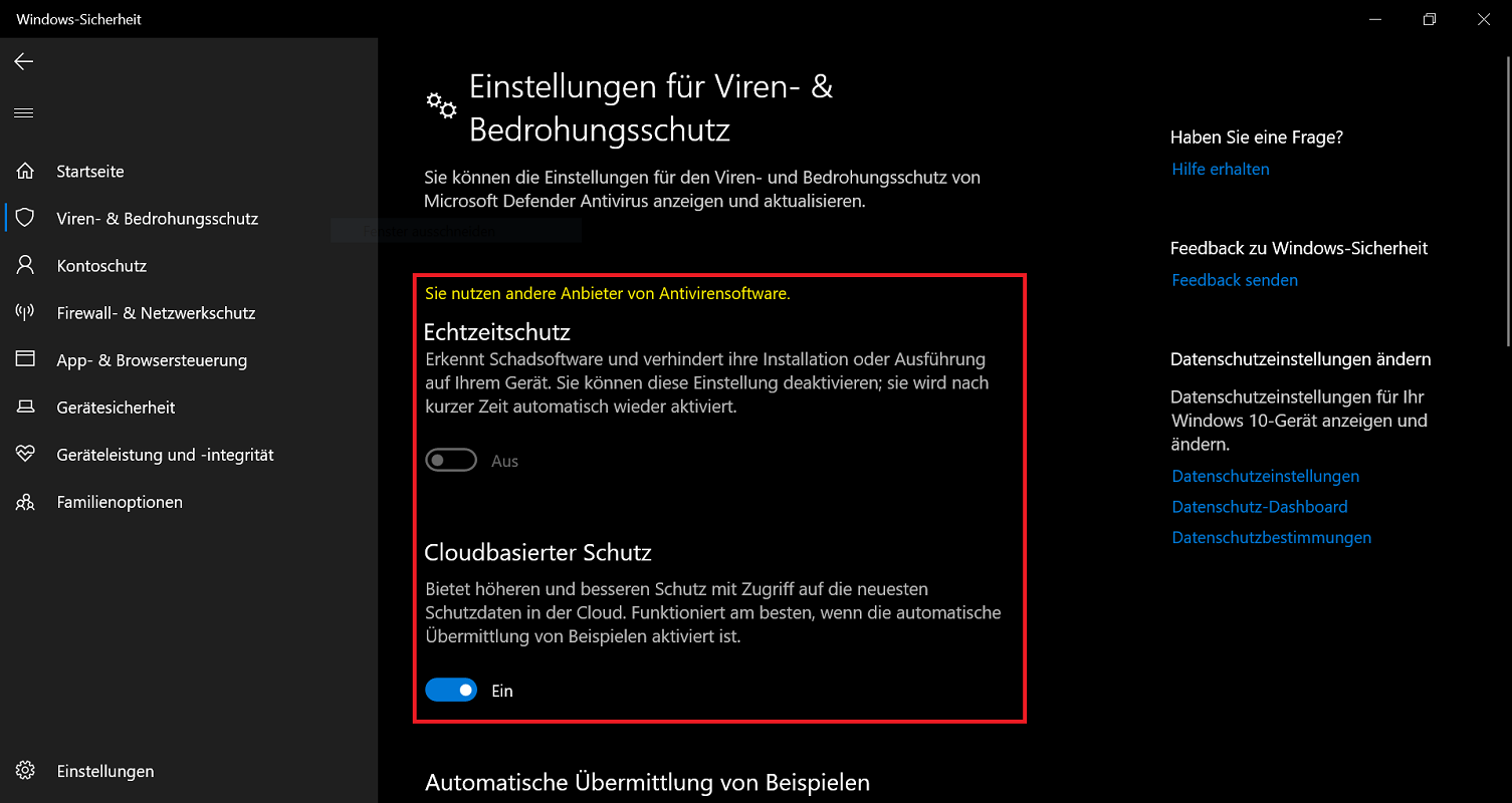 Ustawienia, w których usługa Windows Defender jest wyłączona
