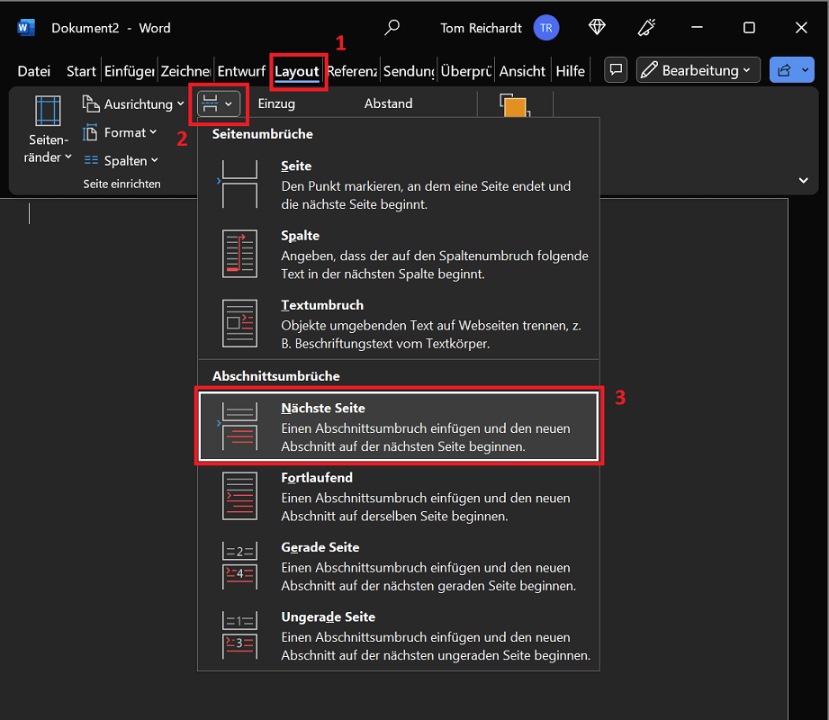Microsoft Word: Ustaw pojedynczą stronę z podziałem sekcji w formacie poziomym