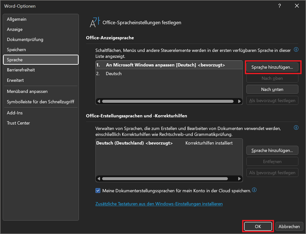Zmień język w opcjach programu Word