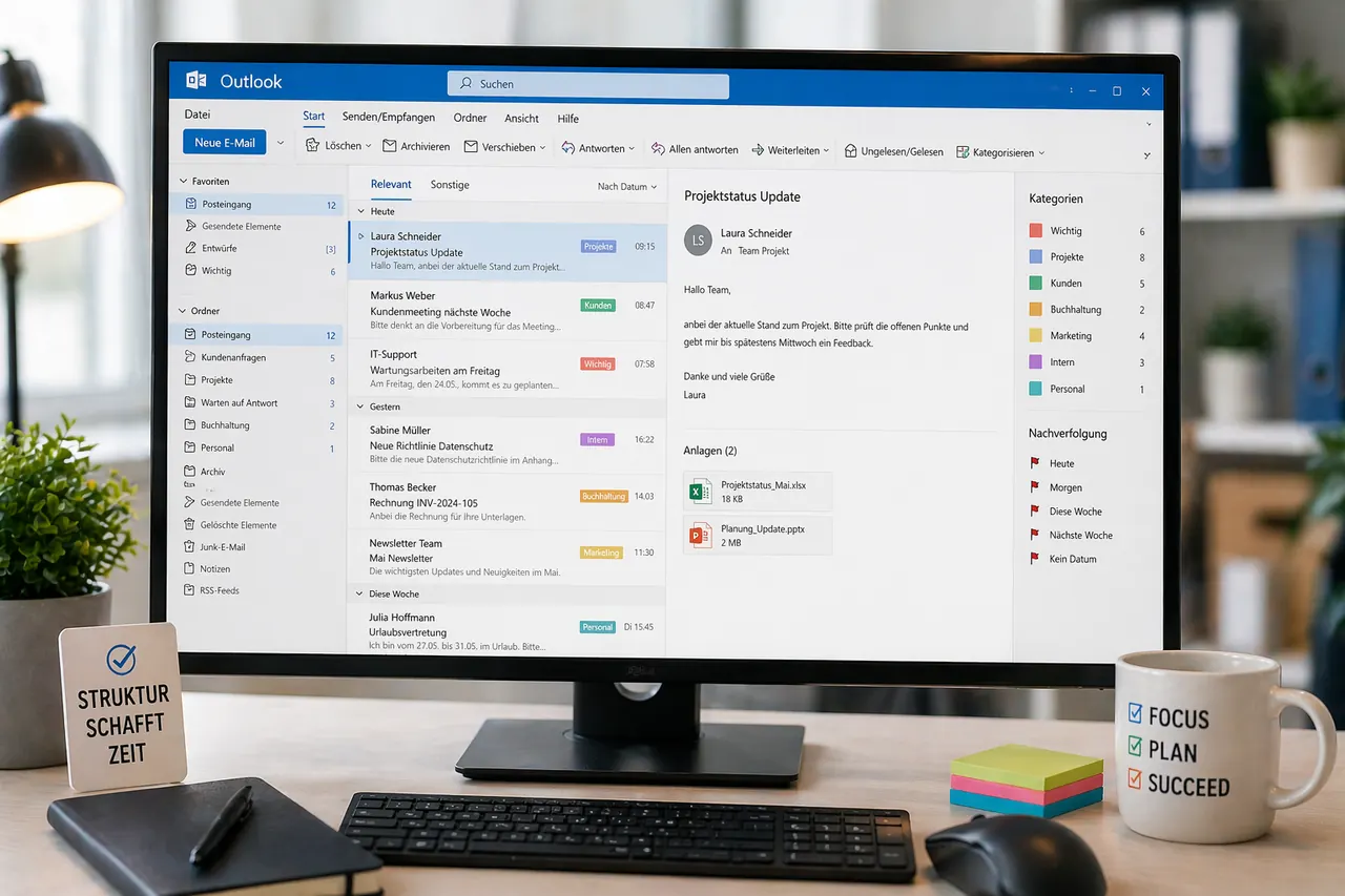 Strukturalna skrzynka odbiorcza programu Outlook z kolorowymi kategoriami i przejrzystymi folderami